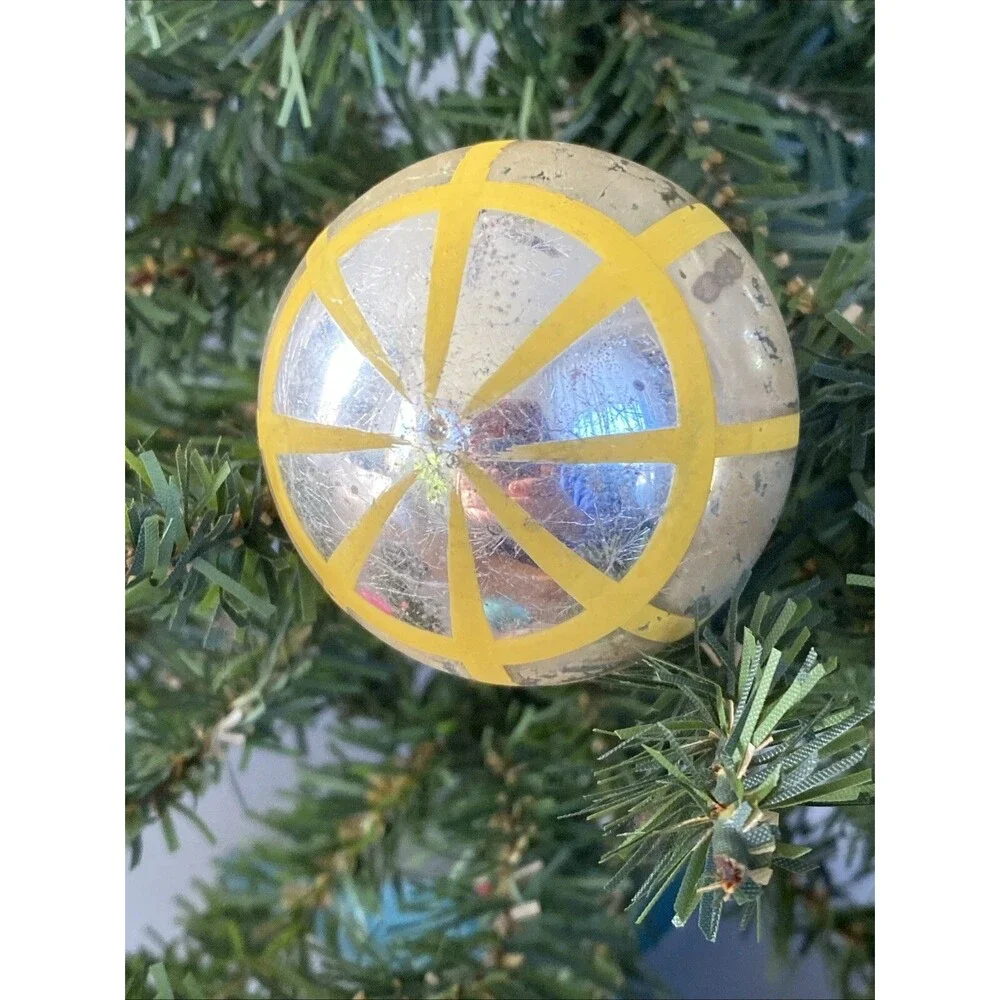 Vintage Glass Christmas Ornament Silver Ball Geometric Yellow Stripes Holiday